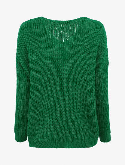 Pull uni à col V et torsade - Vert - 2