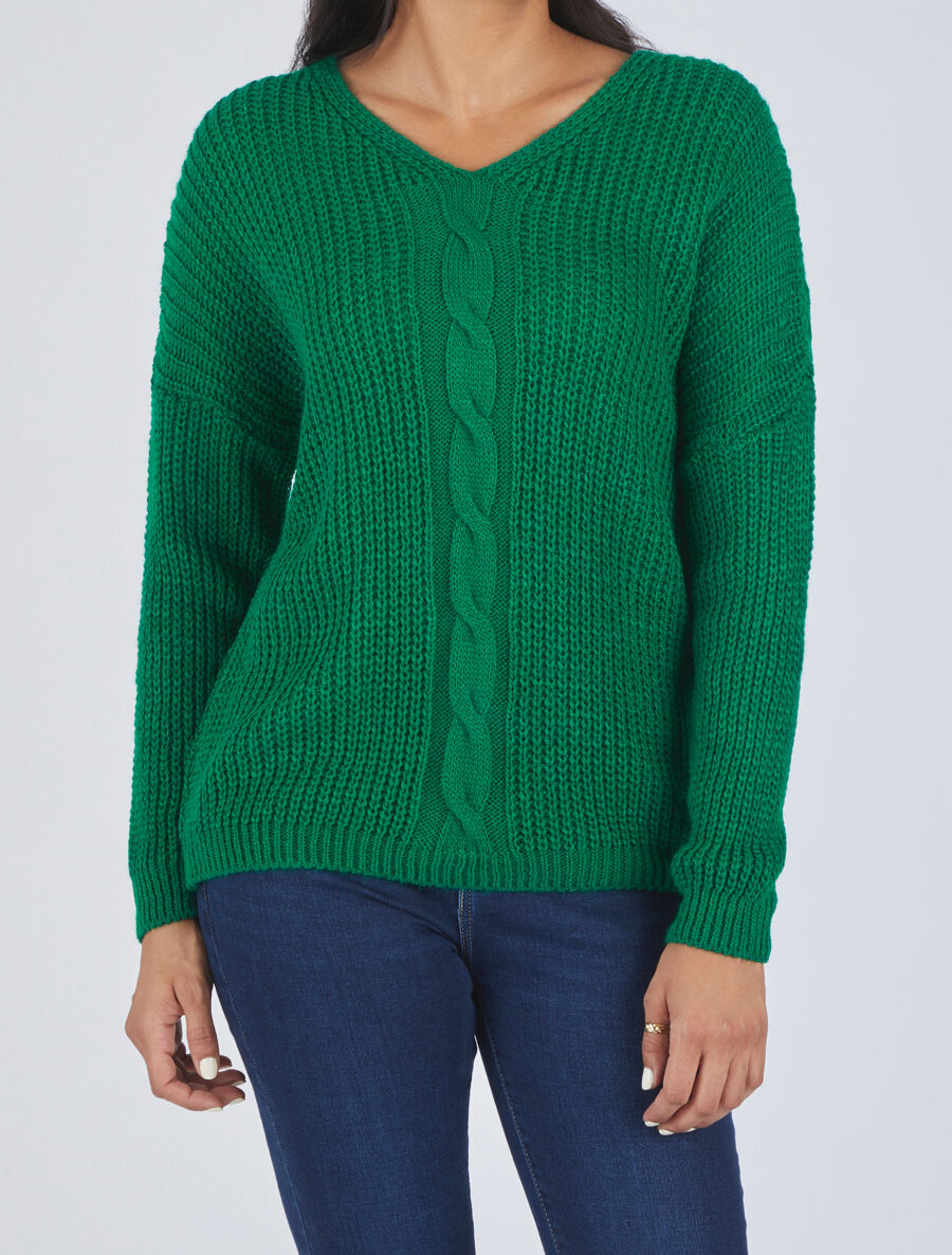 Pull uni à col V et torsade - Vert - 4