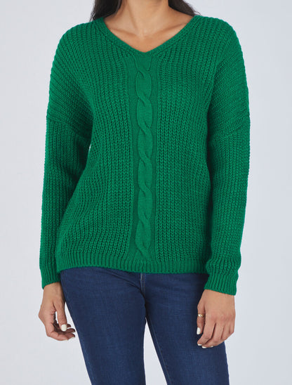 Pull uni à col V et torsade - Vert - 4