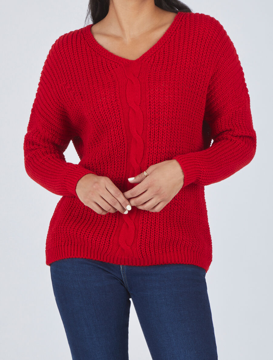 Pull uni à col V et torsade - Rouge - 4