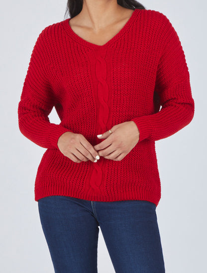 Pull uni à col V et torsade - Rouge - 4