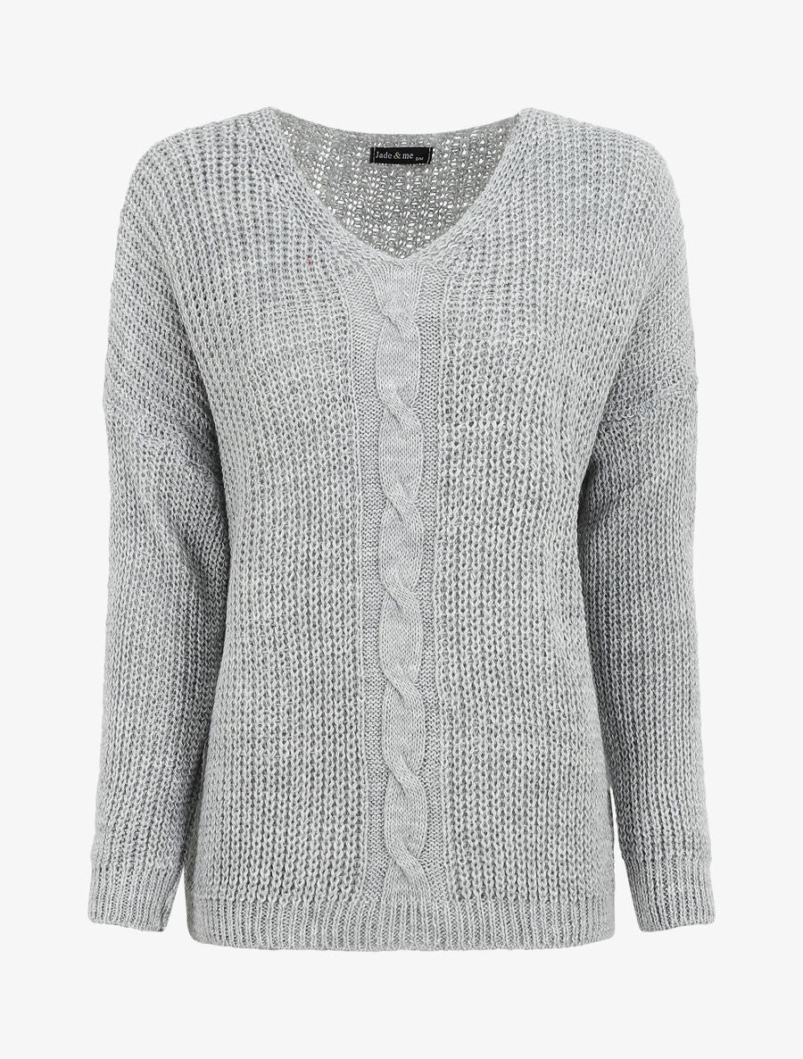 Pull uni à col V et torsade - Gris - 4
