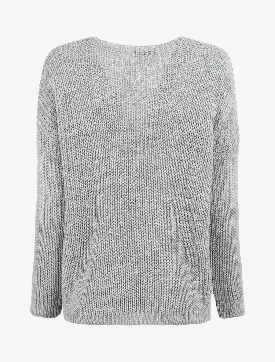 Pull uni à col V et torsade - Gris - 2