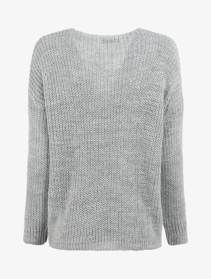 Pull uni à col V et torsade - Gris - 2