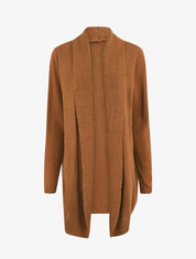 Gilet mi-long ouvert en maille - Camel - 1