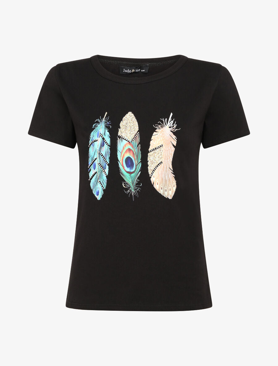 T-shirt à motif plumes et strass - Noir - 1