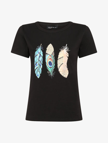 T-shirt à motif plumes et strass - Noir - 1