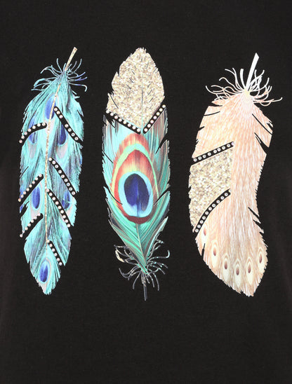 T-shirt à motif plumes et strass - Noir - 3