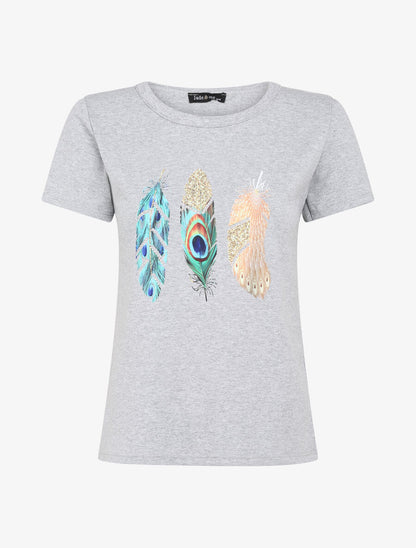 T-shirt à motif plumes et strass - Gris - 4
