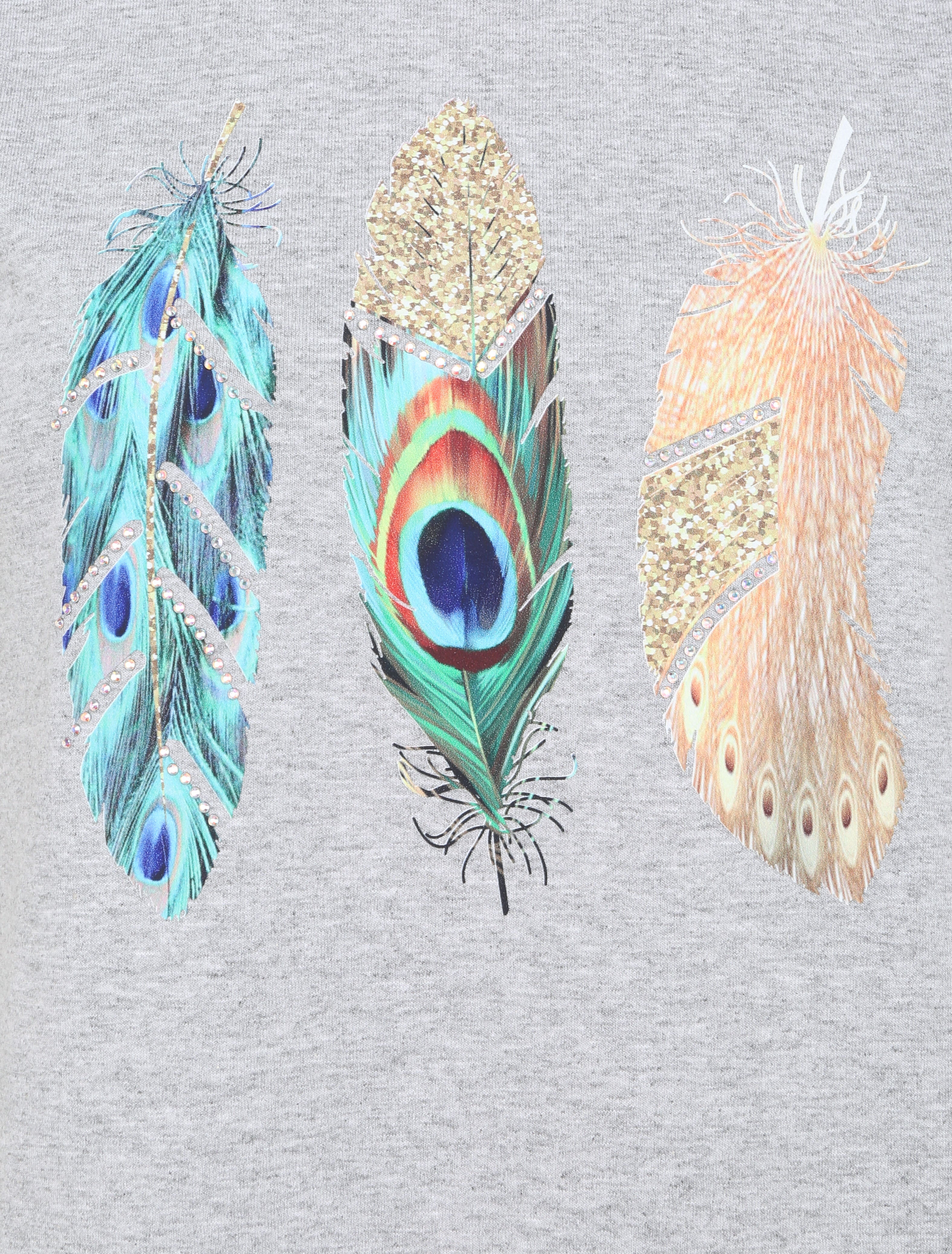 T-shirt à motif plumes et strass - Gris - 3