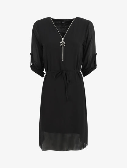 Robe en voile à col V zippée - Noir - 1