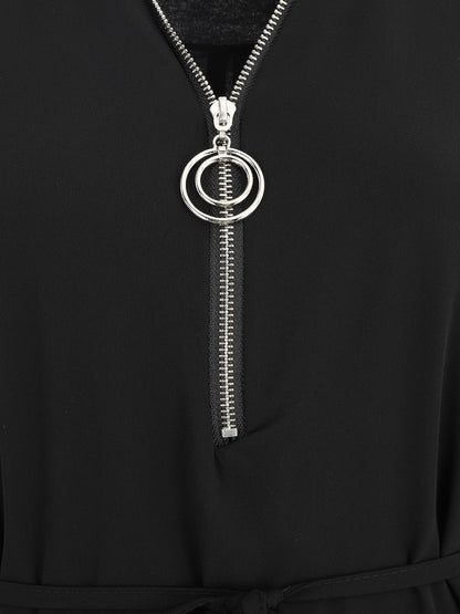 Robe en voile à col V zippée - Noir - 3
