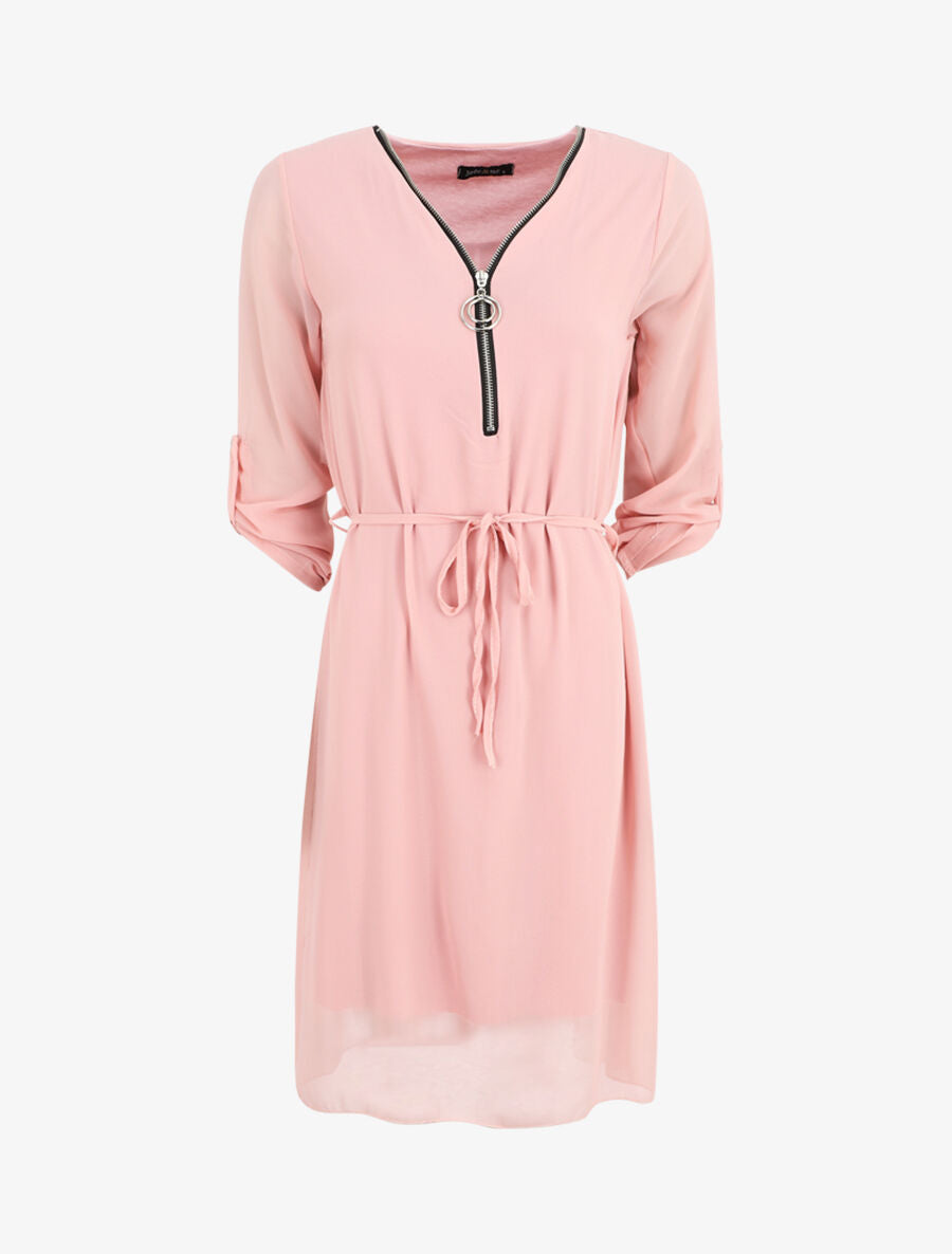 Robe en voile à col V zippée - Rose - 5