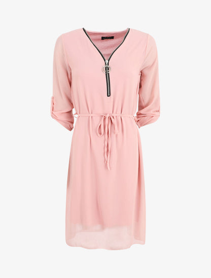 Robe en voile à col V zippée - Rose - 5