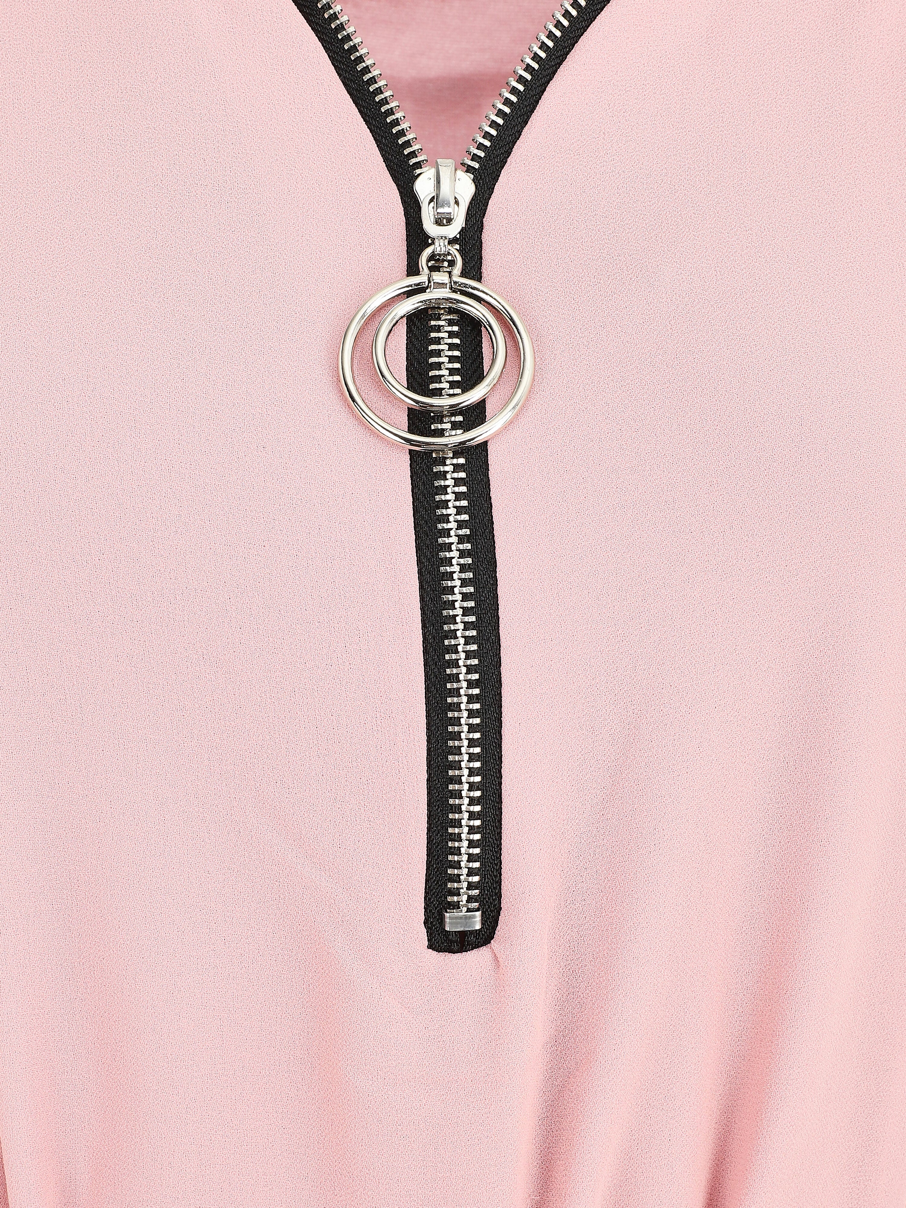 Robe en voile à col V zippée - Rose - 3