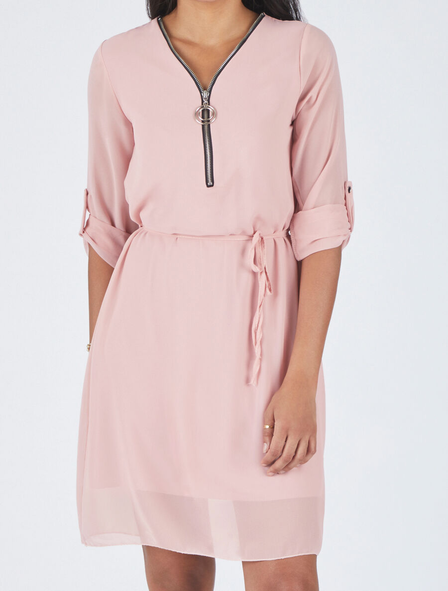 Robe en voile à col V zippée - Rose - 4