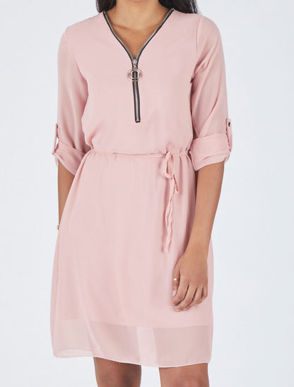 Robe en voile à col V zippée - Rose - 4
