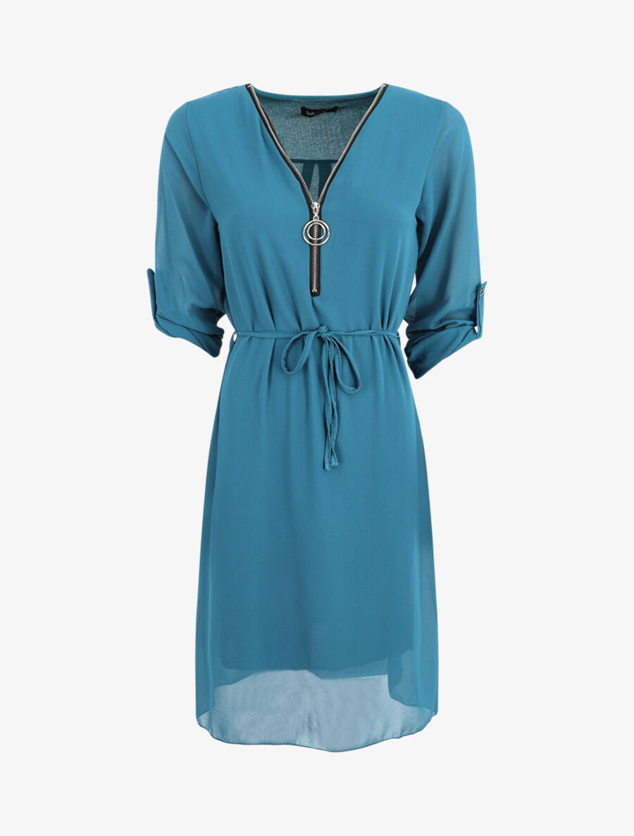 Robe en voile à col V zippée - Bleu canard - 1