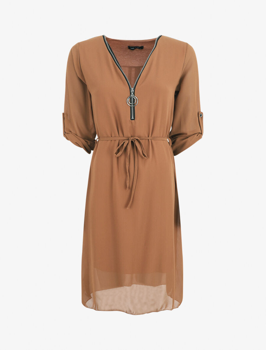 Robe en voile à col V zippée - Camel - 1