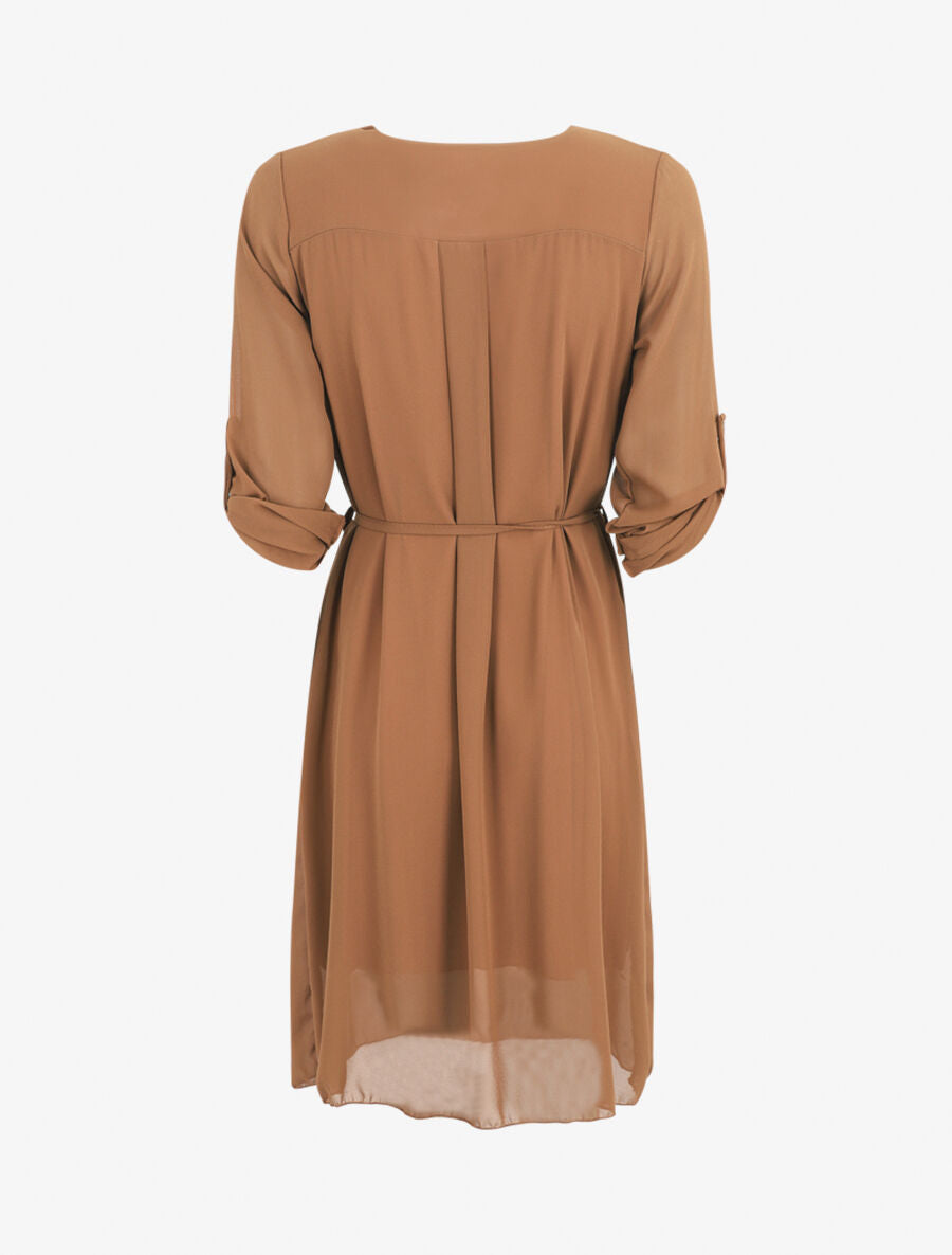 Robe en voile à col V zippée - Camel - 2