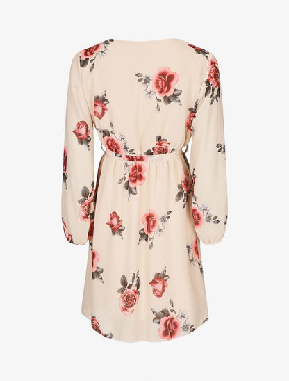 Robe mi-longue taille élastiquée imprimé roses - Beige - 2