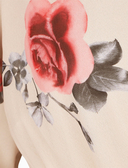 Robe mi-longue taille élastiquée imprimé roses - Beige - 3