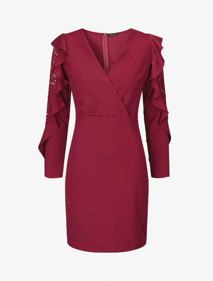 Robe unie à manches longues volantées en dentelle - Bordeaux - 5