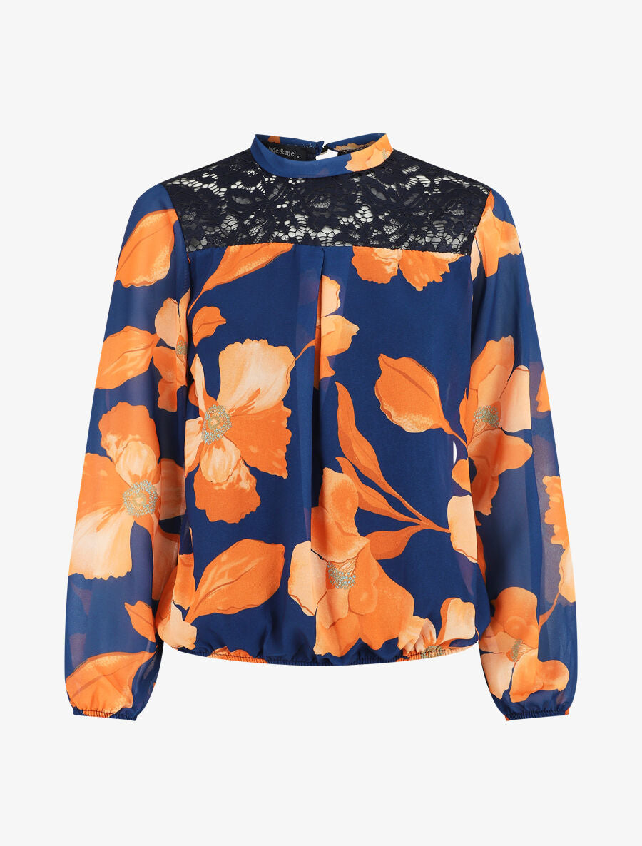 Blouse en voile imprimé grandes fleurs - Marine - 4