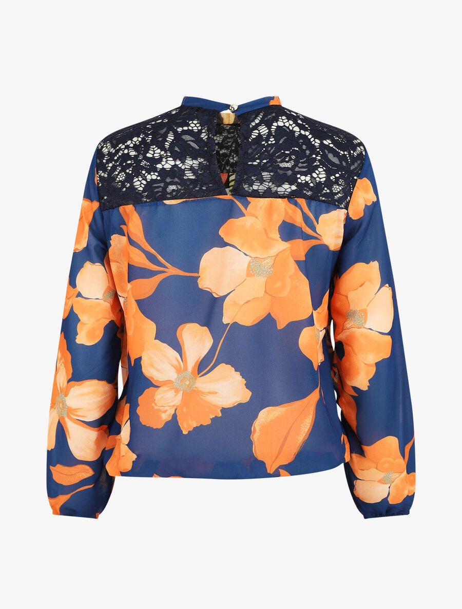 Blouse en voile imprimé grandes fleurs - Marine - 2