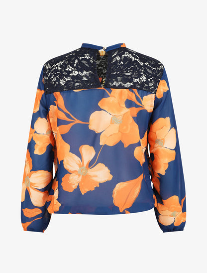 Blouse en voile imprimé grandes fleurs - Marine - 2
