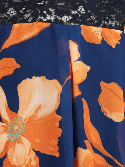 Blouse en voile imprimé grandes fleurs - Marine - 3