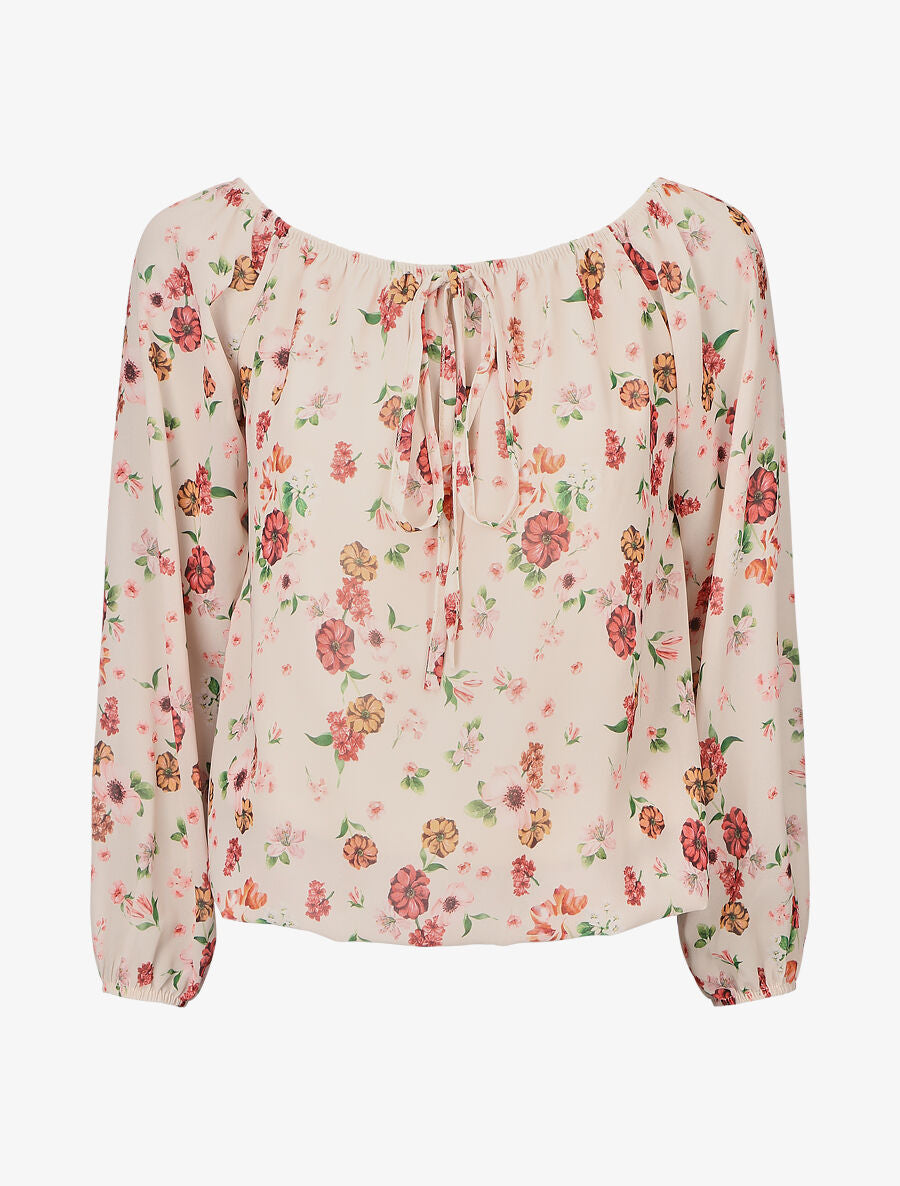 Blouse imprimé fleuri à manches transparentes - Beige - 4