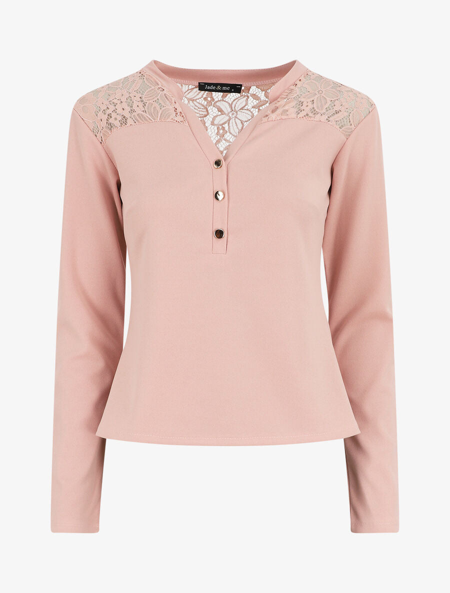 Blouse unie à dentelle - Rose - 1