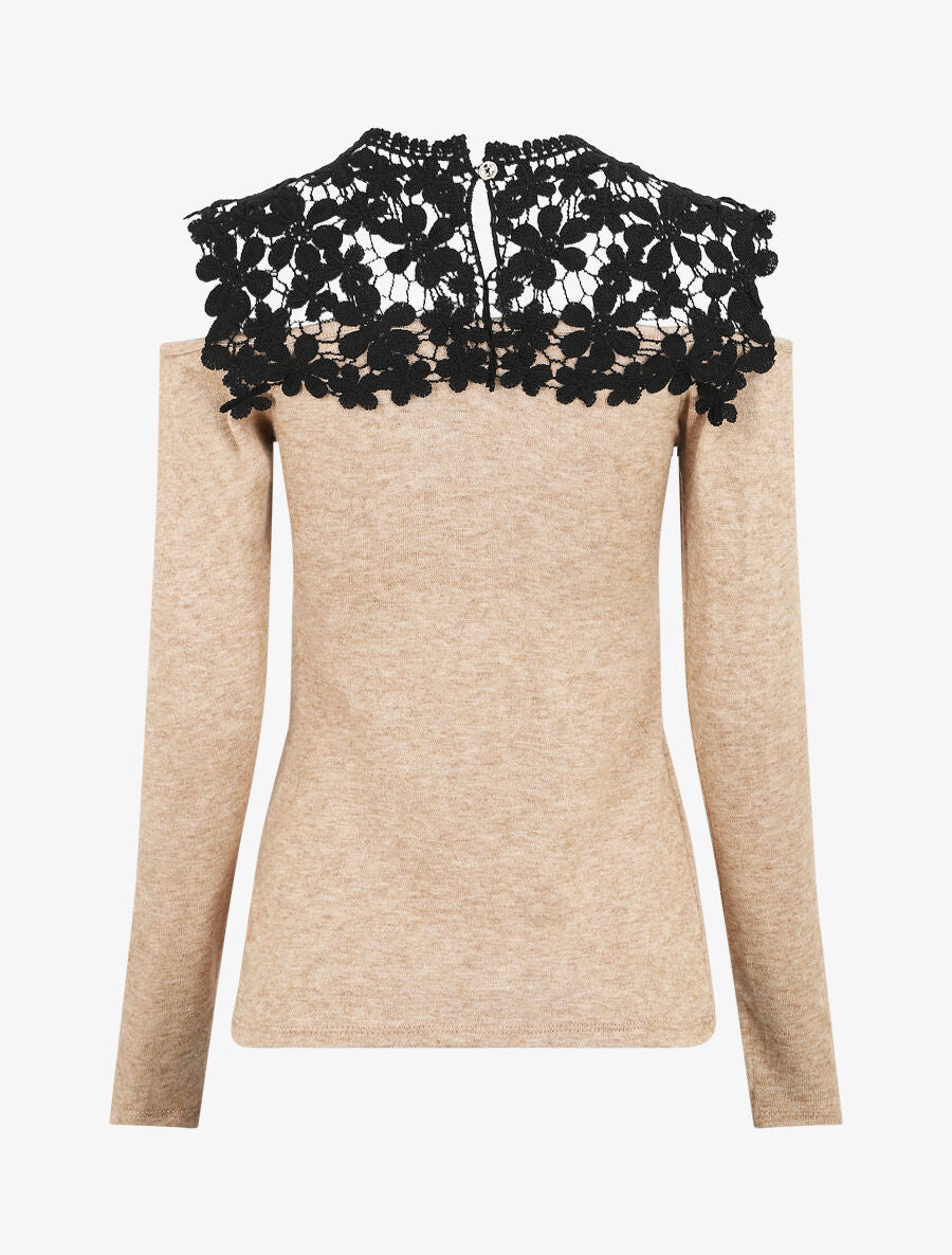 Pull à épaules ajourées en crochet - Beige - 2