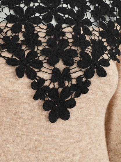 Pull à épaules ajourées en crochet - Beige - 3