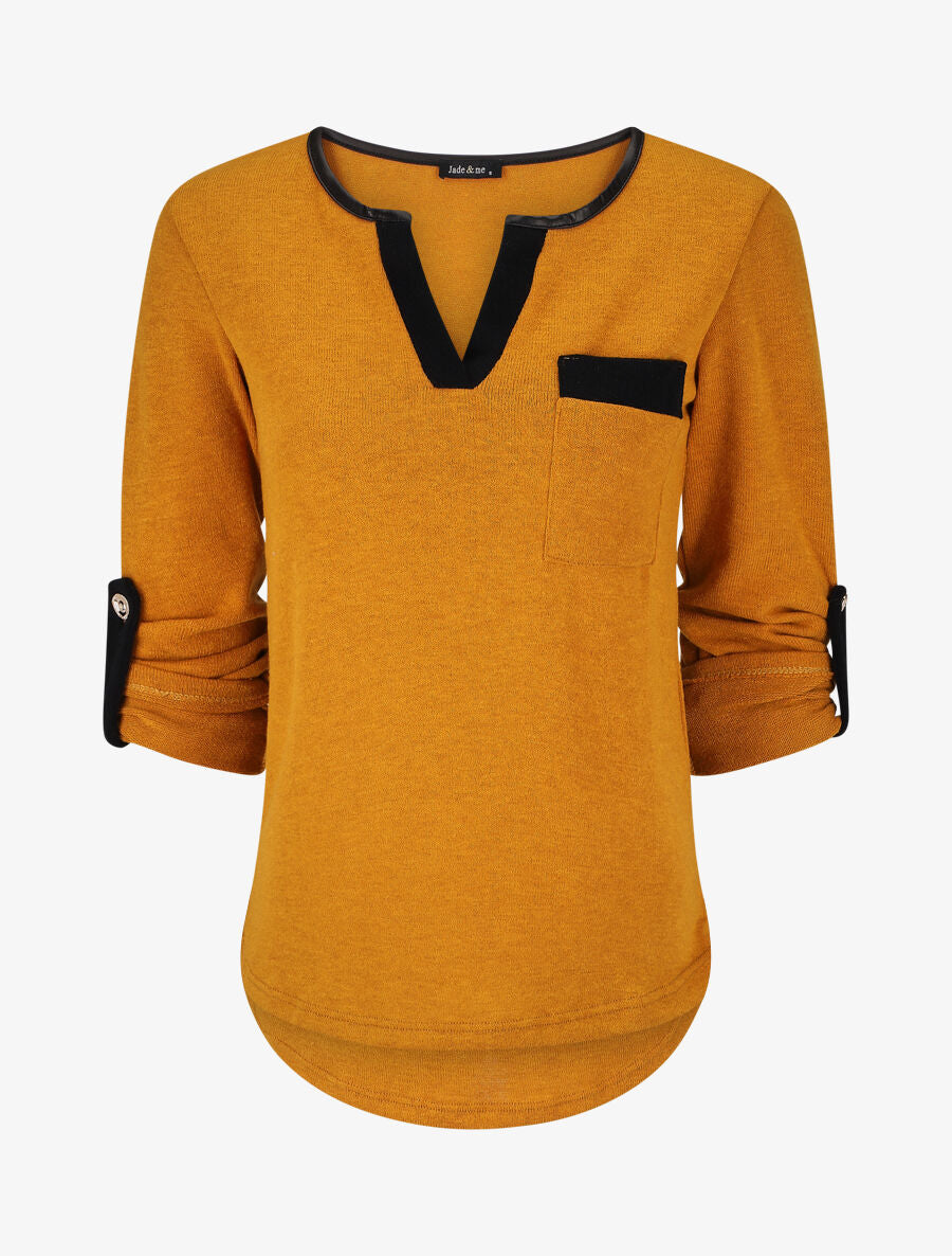 Pull col V contrastant à manches retroussables - Jaune moutarde - 4