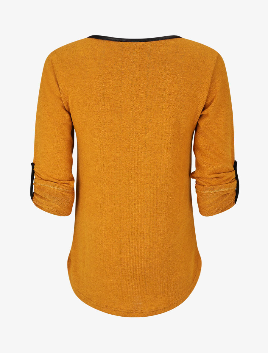 Pull col V contrastant à manches retroussables - Jaune moutarde - 2