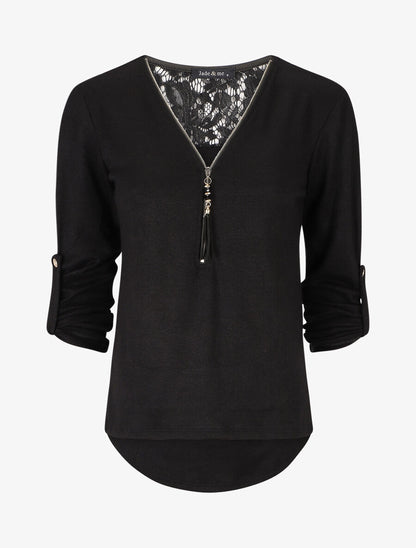 Pull à manches retroussables et dentelle - Noir - 1