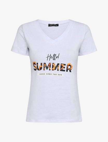T-shirt slim à message et tournesols - Blanc - 1