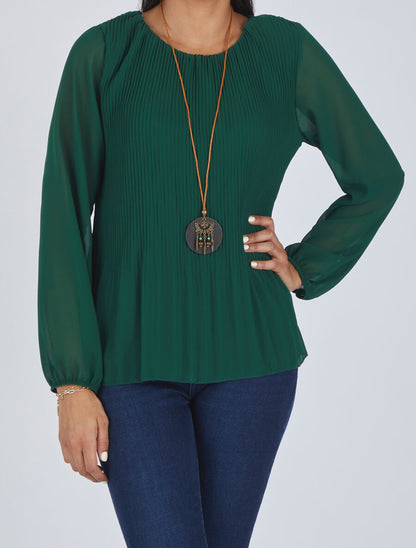 Blouse plissée à manches longues - Vert bouteille - 4
