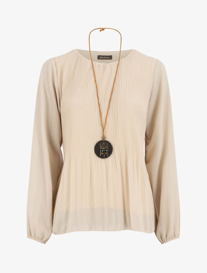 Blouse plissée à manches longues - Beige - 1