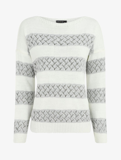 Pull rayé en maille ajourée - Gris clair - 1