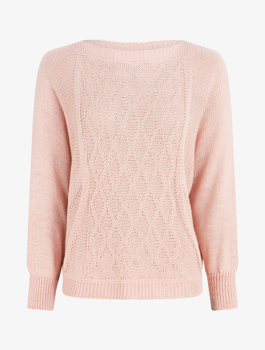 Pull uni en maille motif losange - Rose poudré - 1
