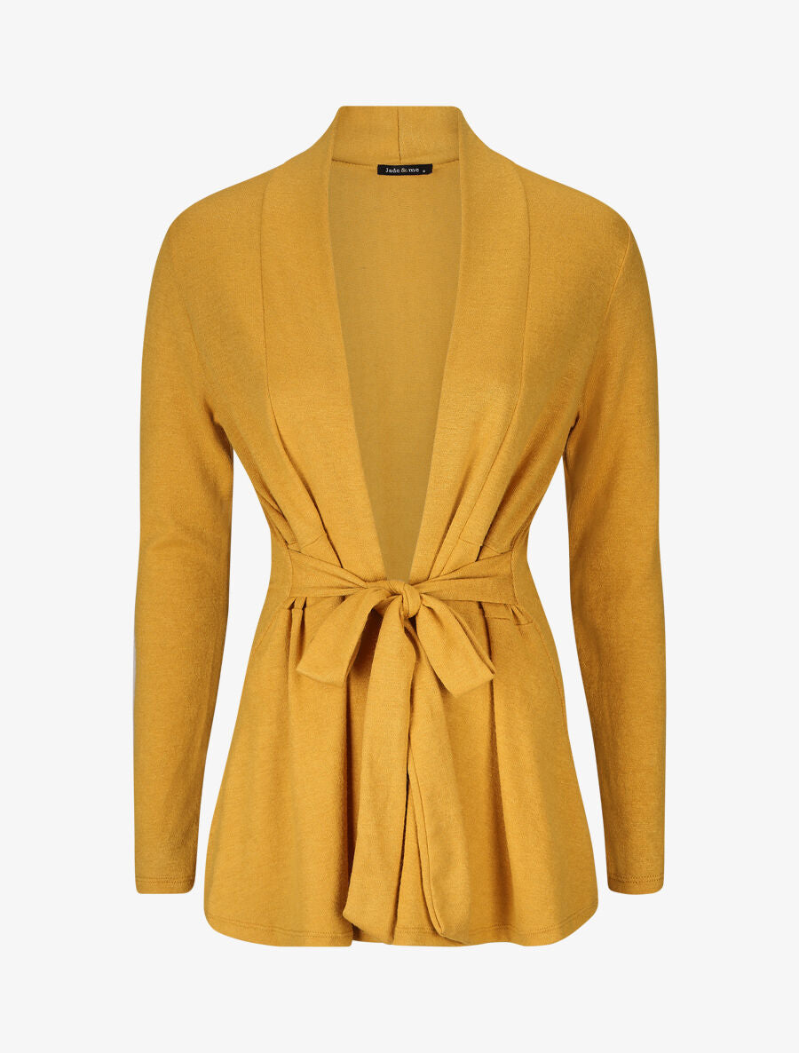 Gilet mi-long uni et ceinturé - Moutarde - 4