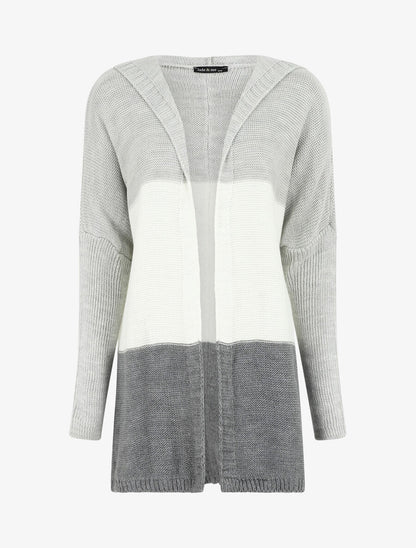 Gilet mi-long rayé à capuche - Blanc/gris - 1