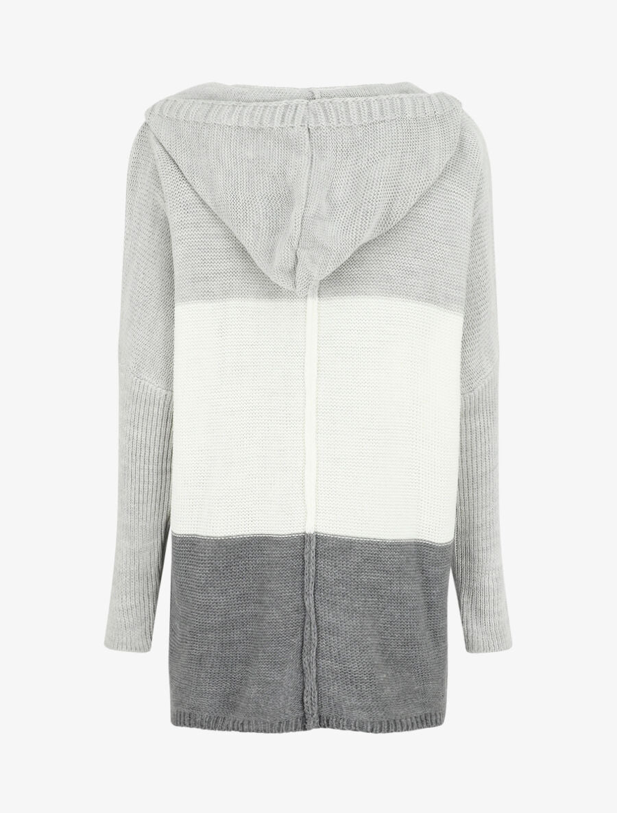 Gilet mi-long rayé à capuche - Blanc/gris - 2