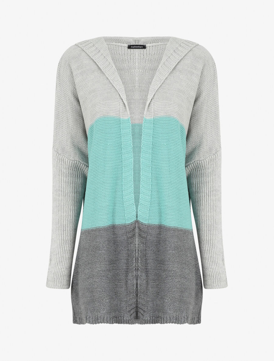 Gilet mi-long rayé à capuche - Bleu clair/gris - 1