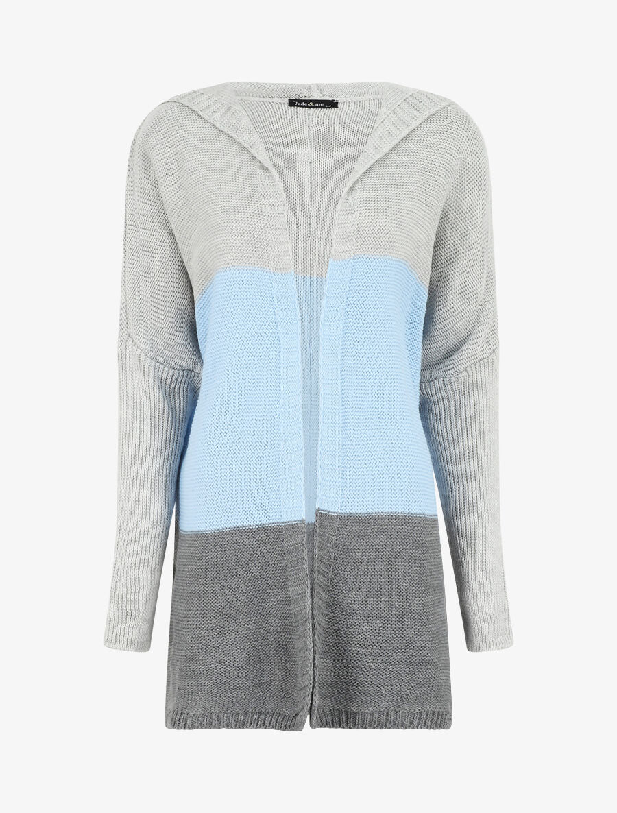 Gilet mi-long rayé à capuche - Bleu ciel/gris - 1