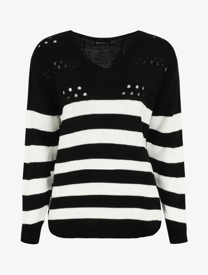 Pull ajourée à rayures - Noir/blanc - 1