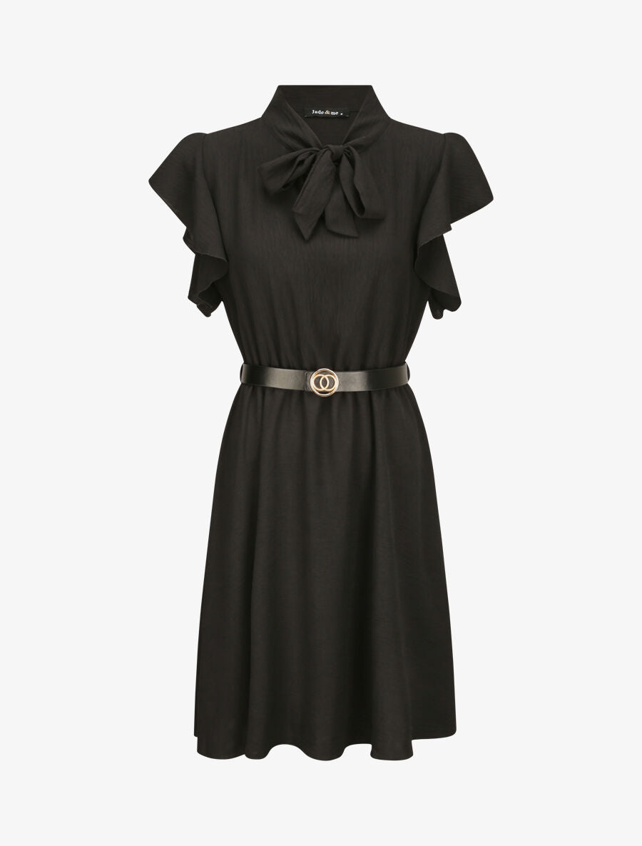 Robe à col lavallière et mancherons volantés - Noir - 1